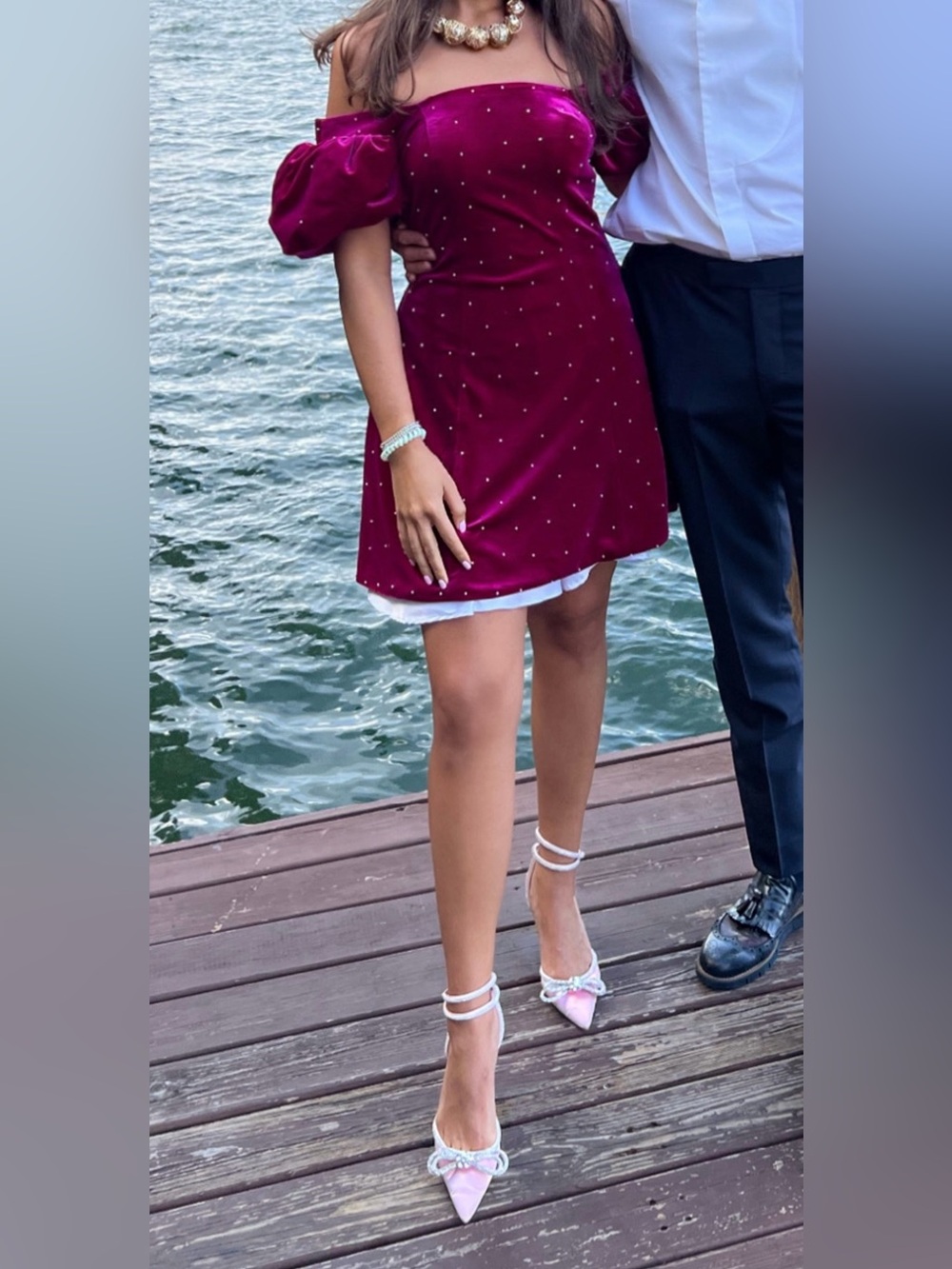 Girls' Burgundy Velvet Puff-Sleeve Dress with Pearl Accents